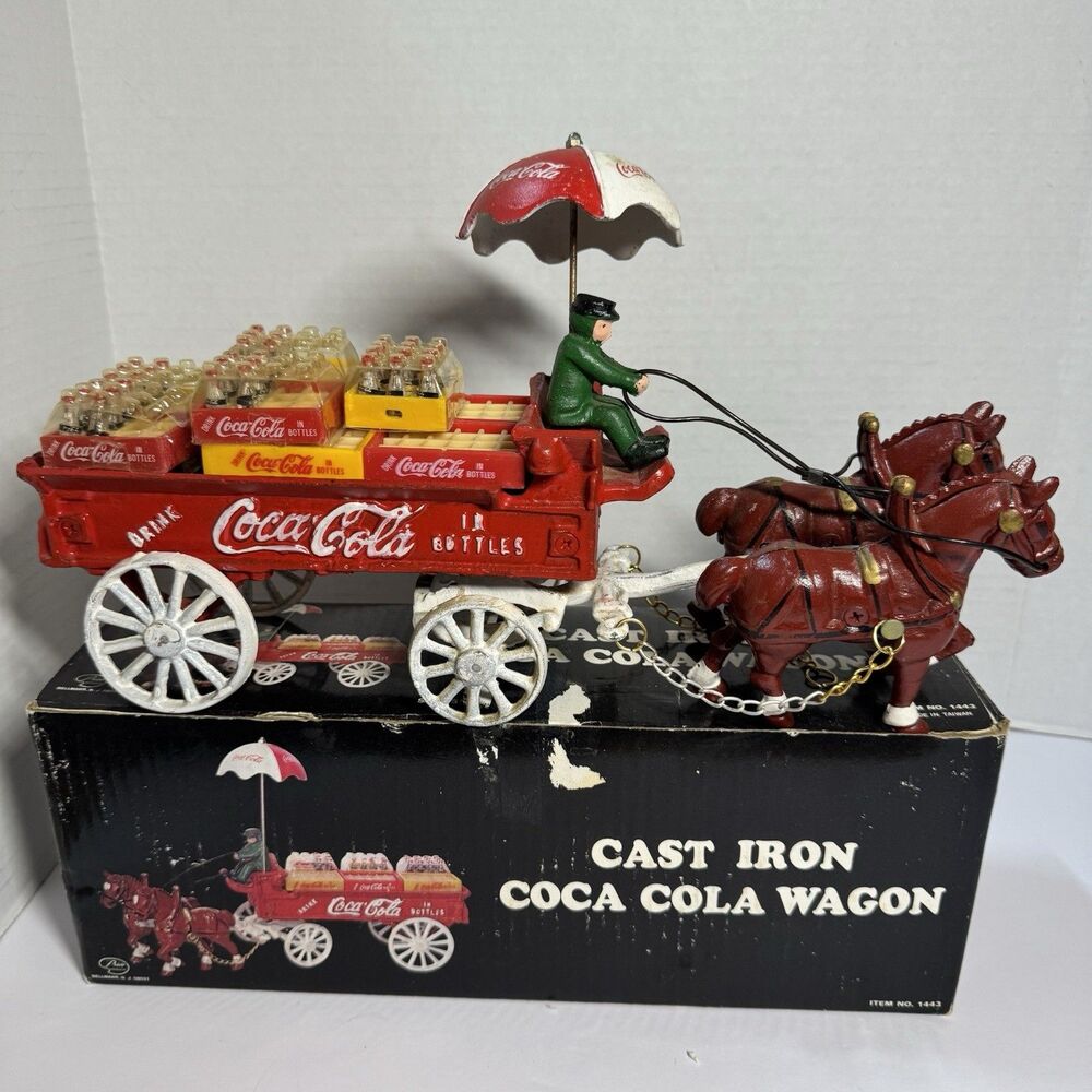 VTG Coca Cola Cast Iron Horse Drawn Wagon w/ Umbrella Cases And Rider (Bx 3)